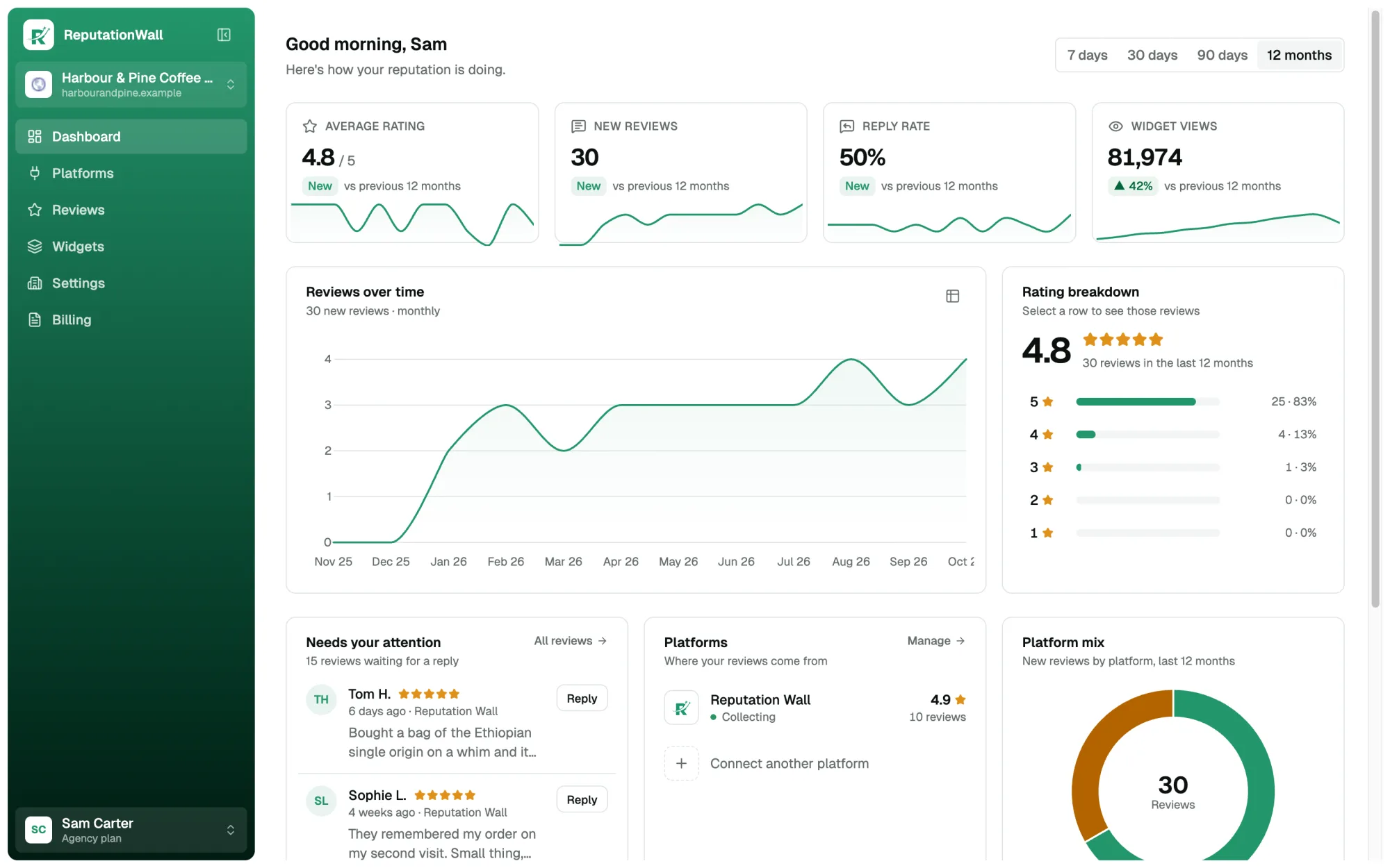 Dashboard with rating, new reviews, reply rate, widget views and charts