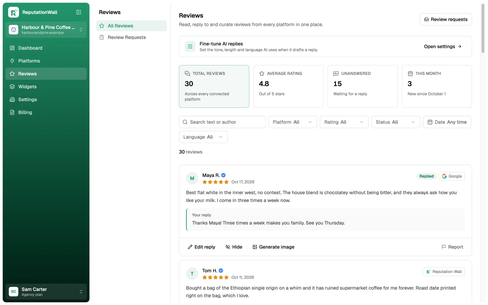 Reviews inbox with totals, filters and review cards with replies
