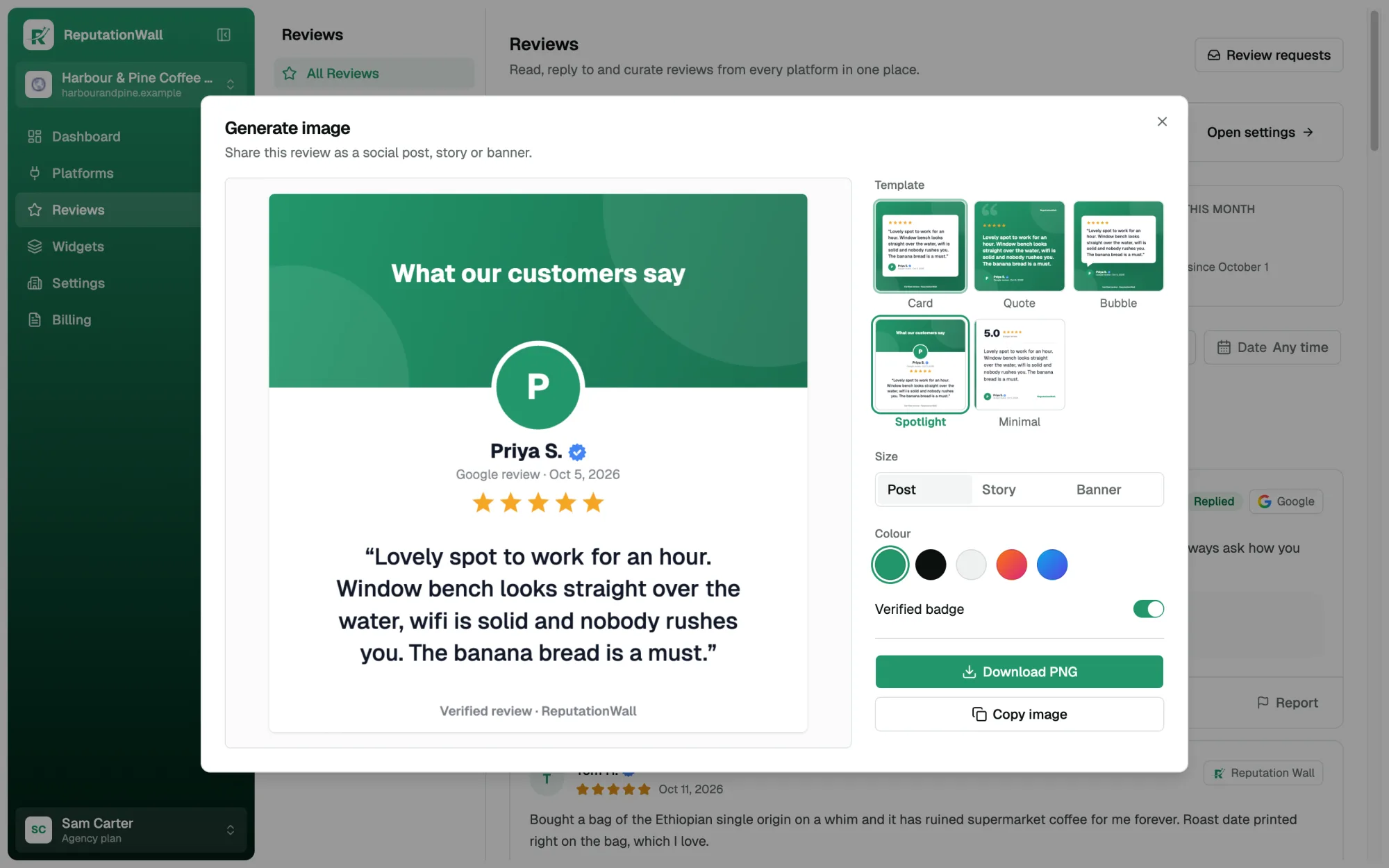 Generate image dialog with a review post preview, templates, sizes and colours