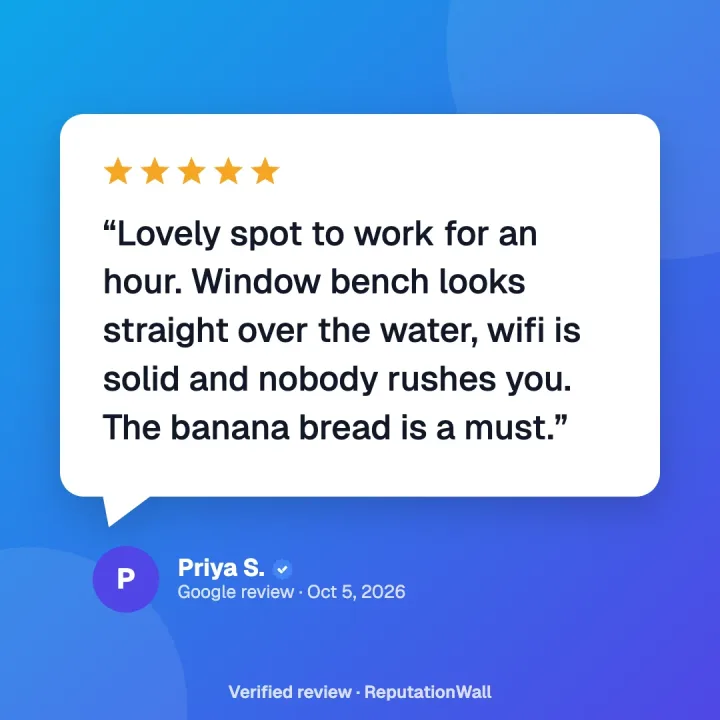 Square review post with a speech bubble on blue