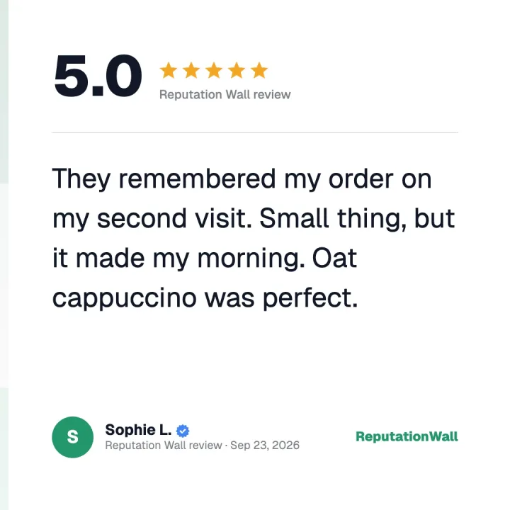 Square review post with a large 5.0 rating on white