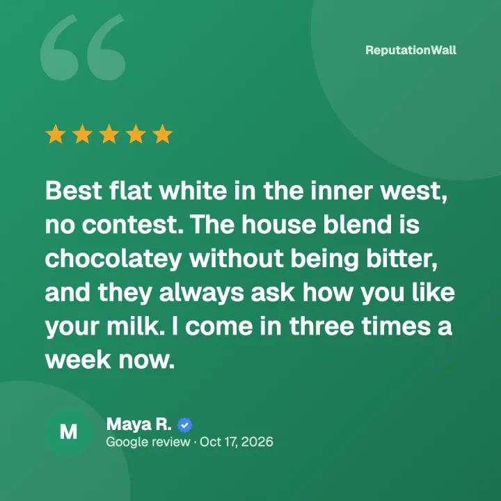 Square review post with a large quote on brand green