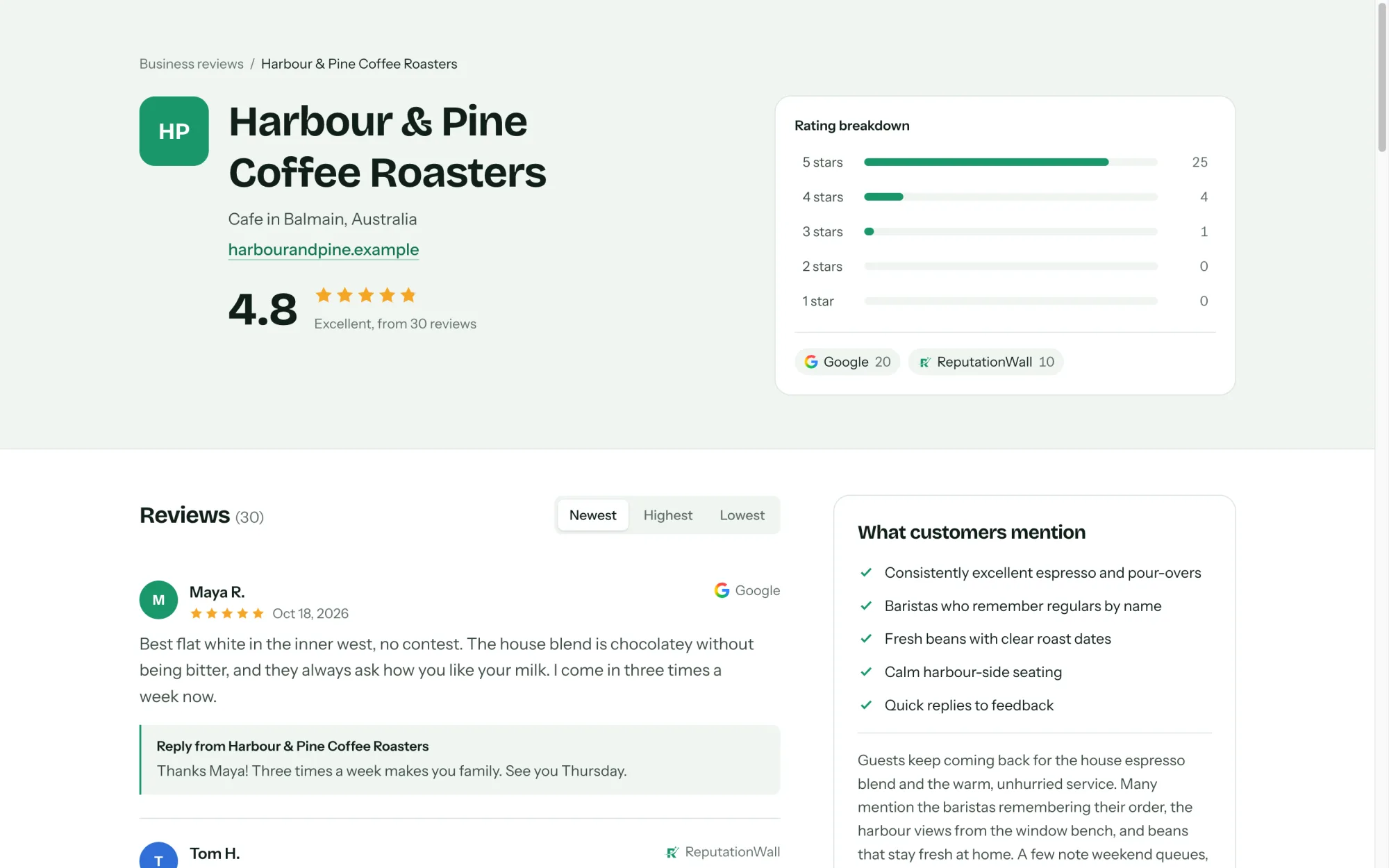 Public review page with a 4.8 rating, rating breakdown and reviews