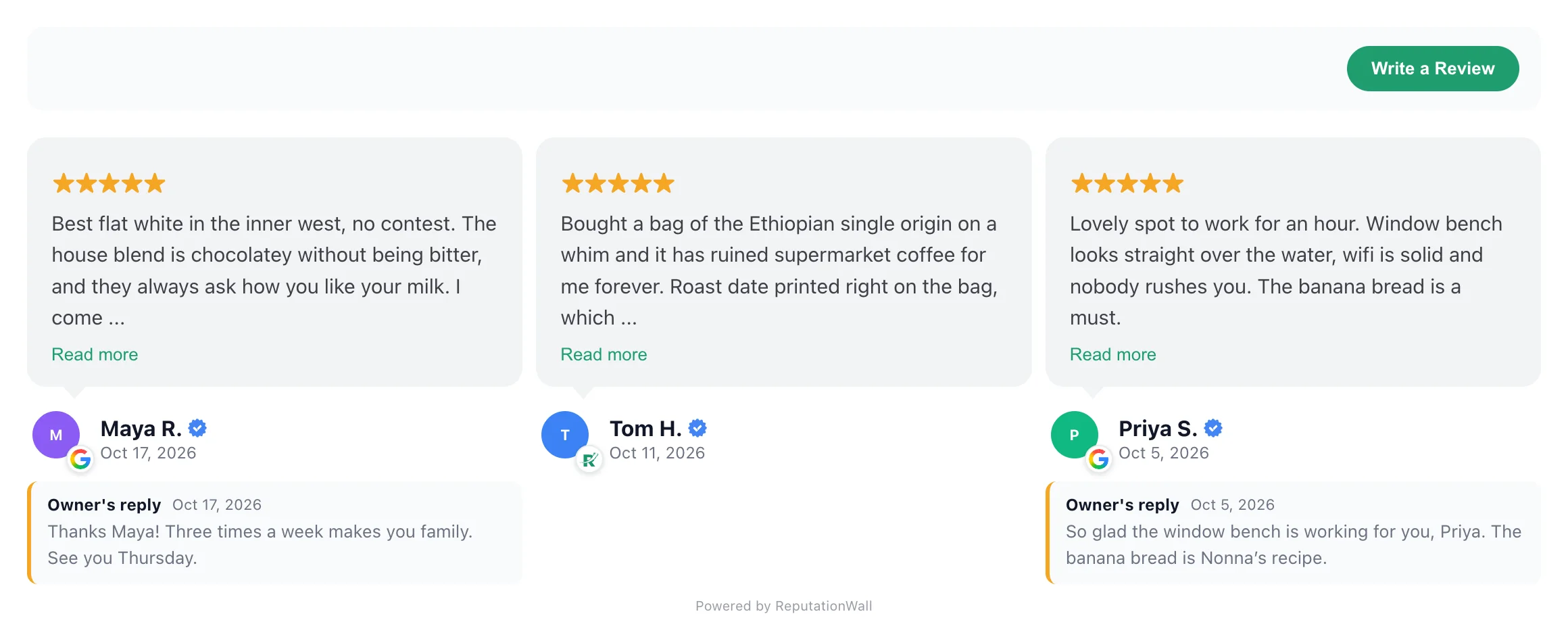 Three speech-bubble review cards
