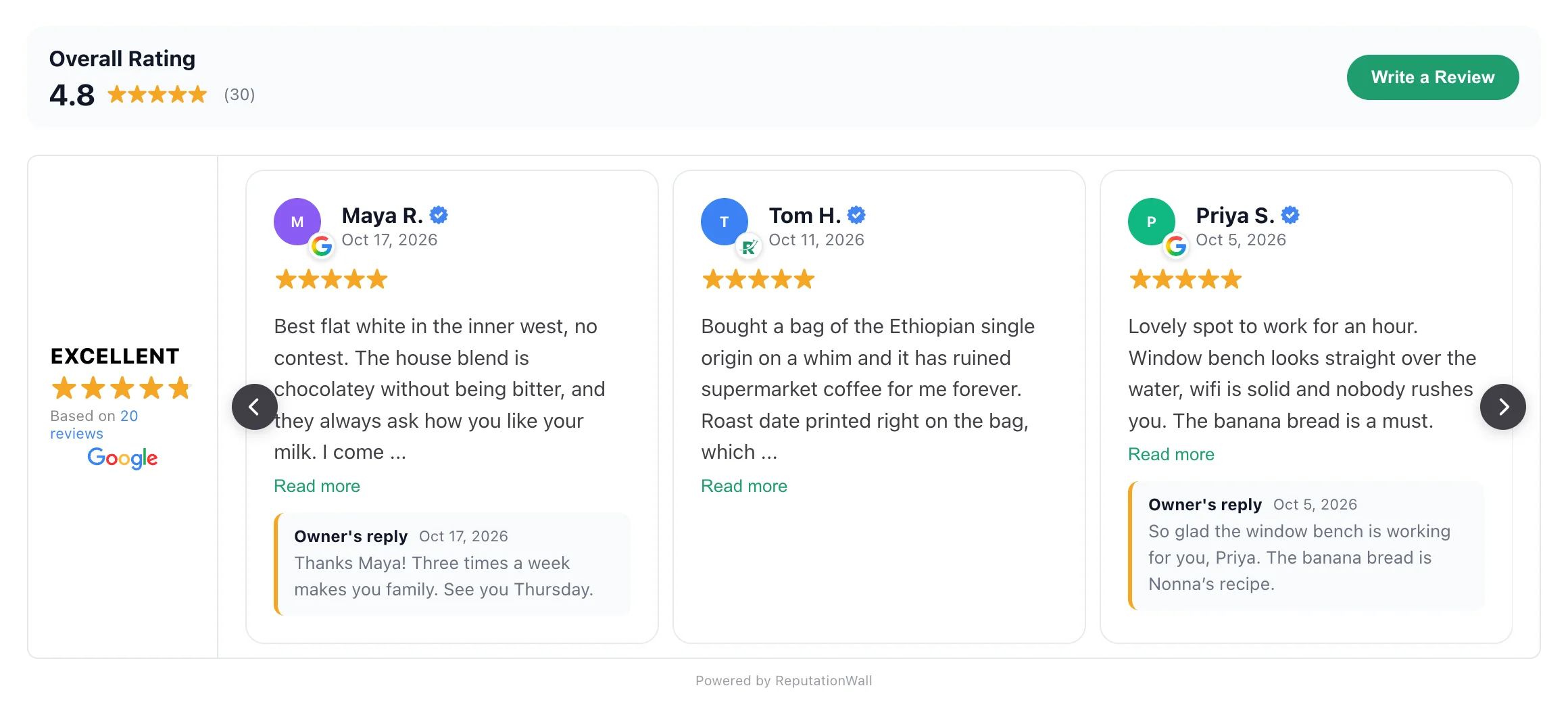Carousel widget with a rating panel and sliding review cards