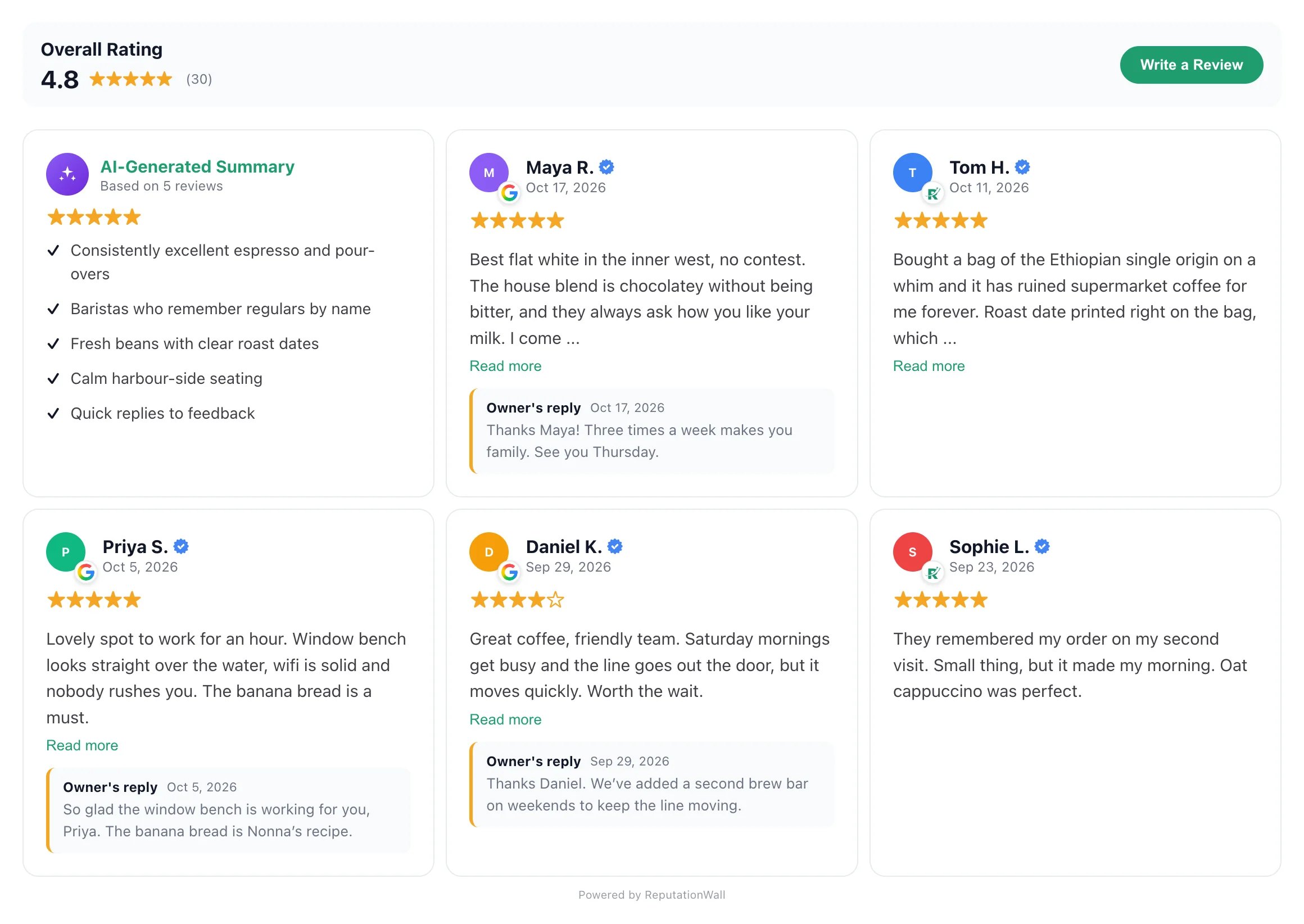 Grid widget with an AI summary and reviews with owner replies
