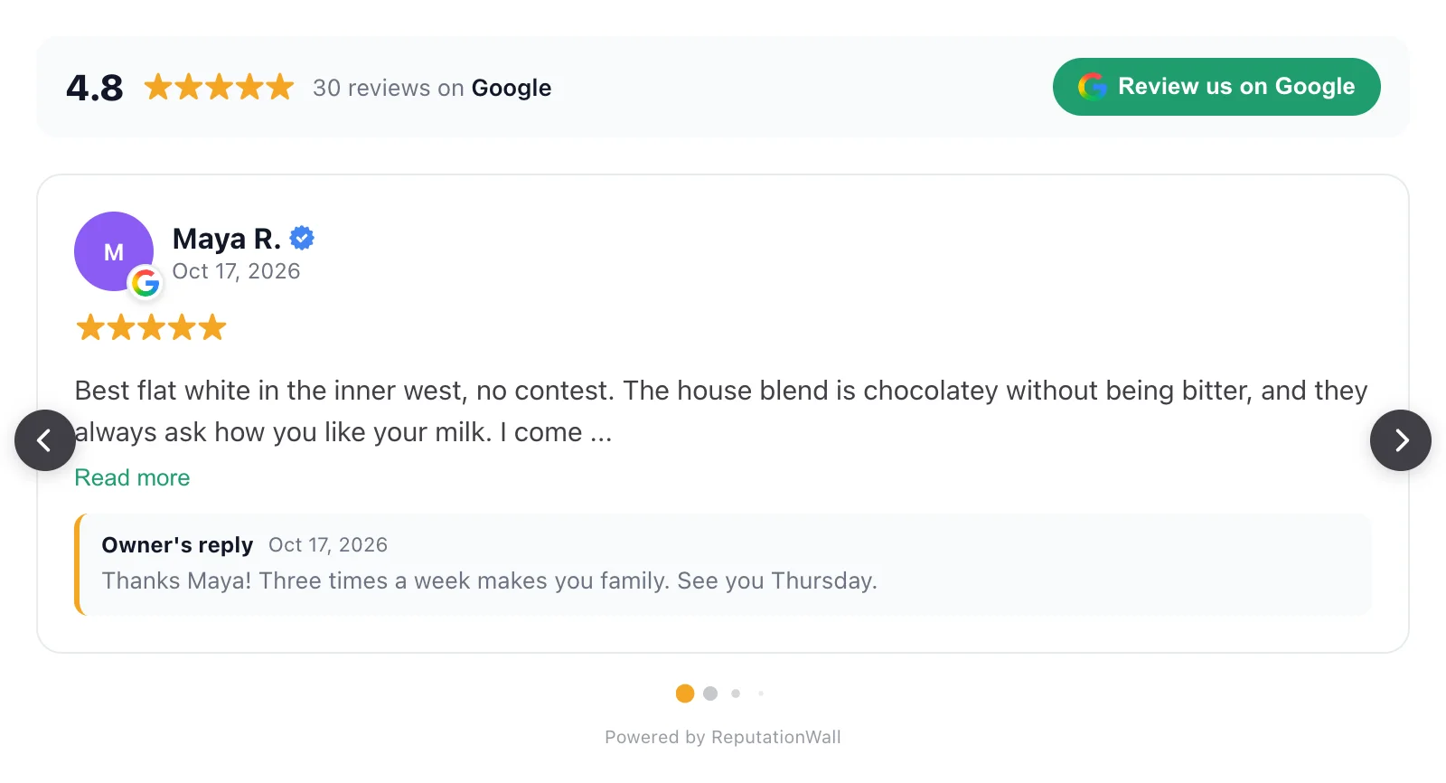 Single-review slider with a Review us on Google button